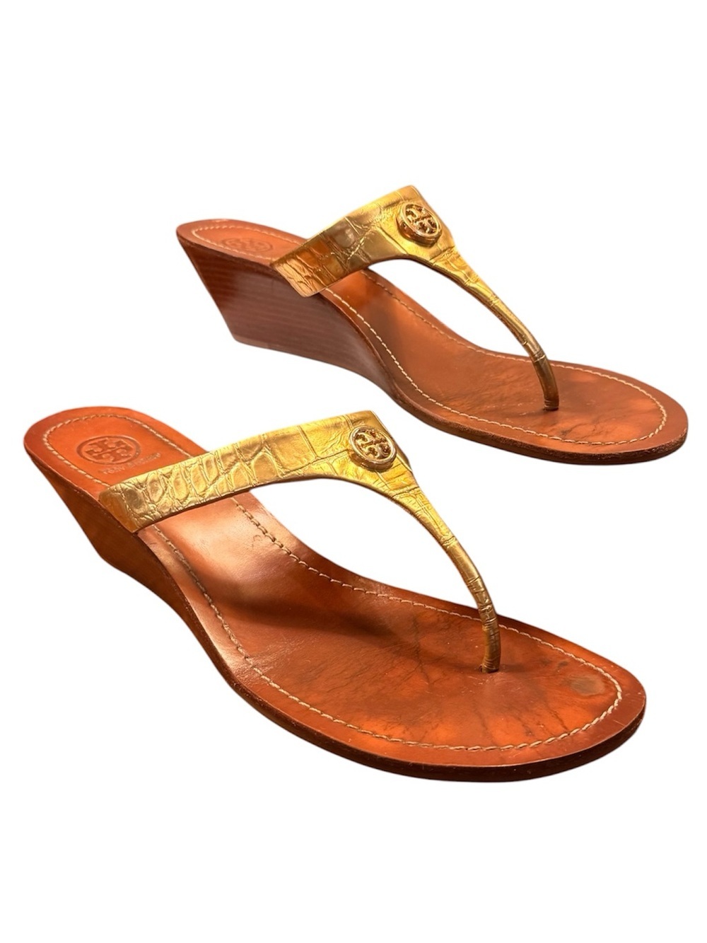 Tory Burch Thora Metallic Gold Croc Embossed Leather Wedge Thong Sandals Size 11